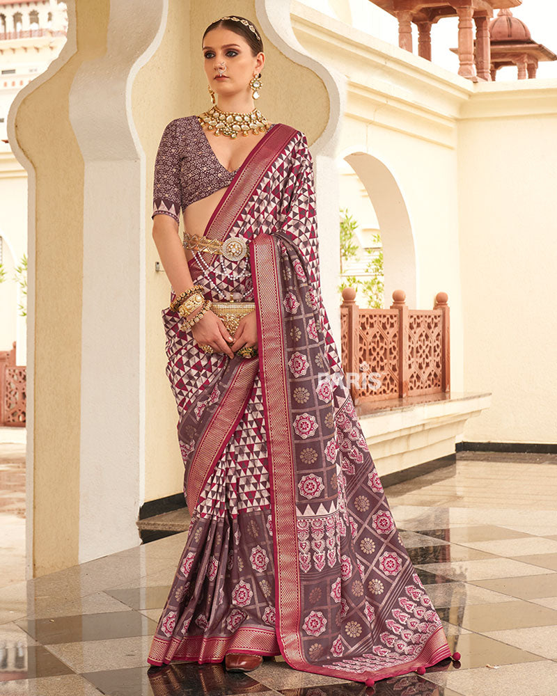 Mauve & White Geometric Printed Embellished Zari Border Silk Saree with Unstitched Blouse