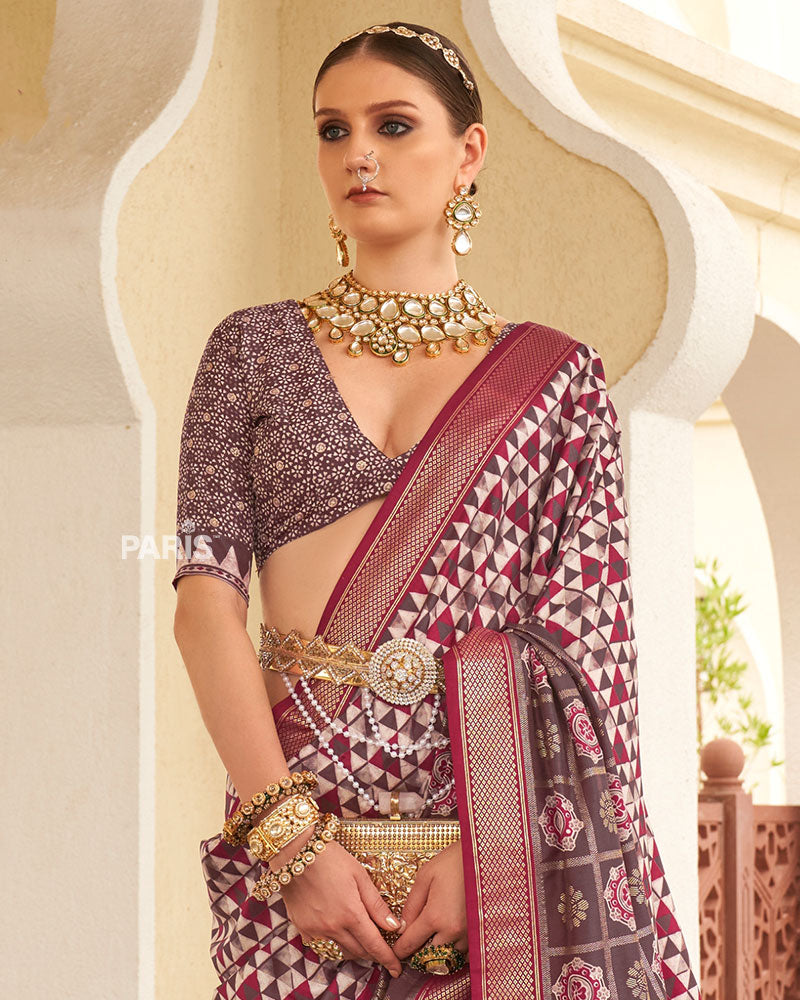 Mauve & White Geometric Printed Embellished Zari Border Silk Saree with Unstitched Blouse