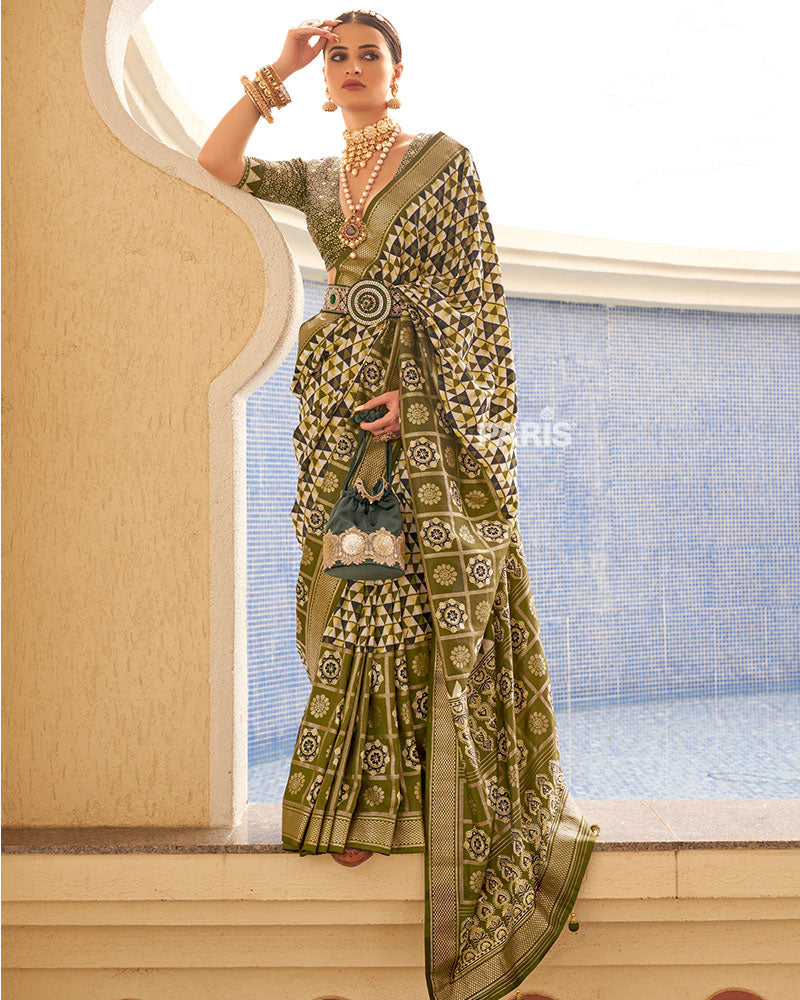 Olive Green & White Geometric Printed Embellished Zari Border Silk Saree with Unstitched Blouse