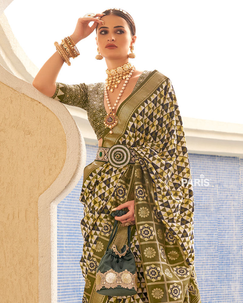 Olive Green & White Geometric Printed Embellished Zari Border Silk Saree with Unstitched Blouse