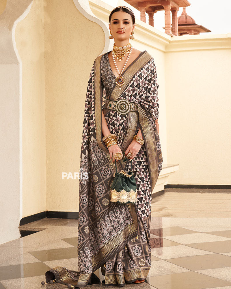 Dark Brown & Cream Geometric Printed Embellished Zari Border Silk Saree with Unstitched Blouse