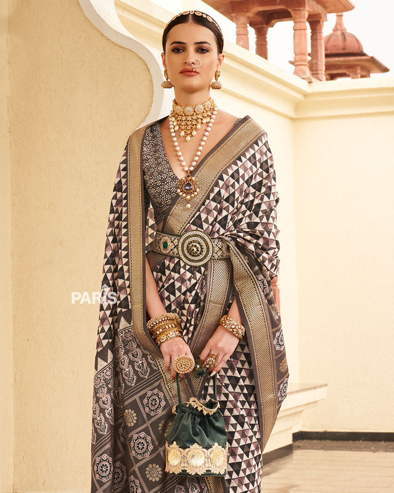 Dark Brown & Cream Geometric Printed Embellished Zari Border Silk Saree with Unstitched Blouse