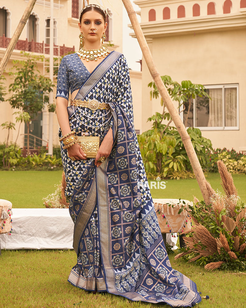 Blue & White Geometric Printed Embellished Zari Border Silk Saree with Unstitched Blouse