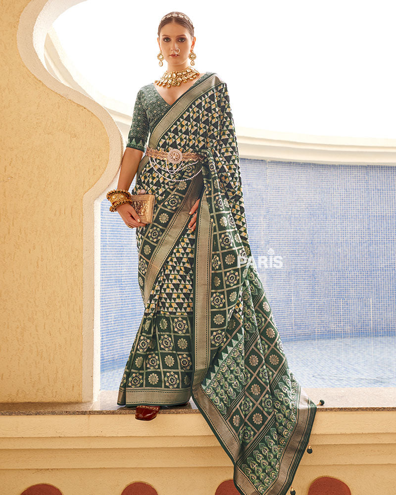 Green & Cream Geometric Printed Embellished Zari Border Silk Saree with Unstitched Blouse