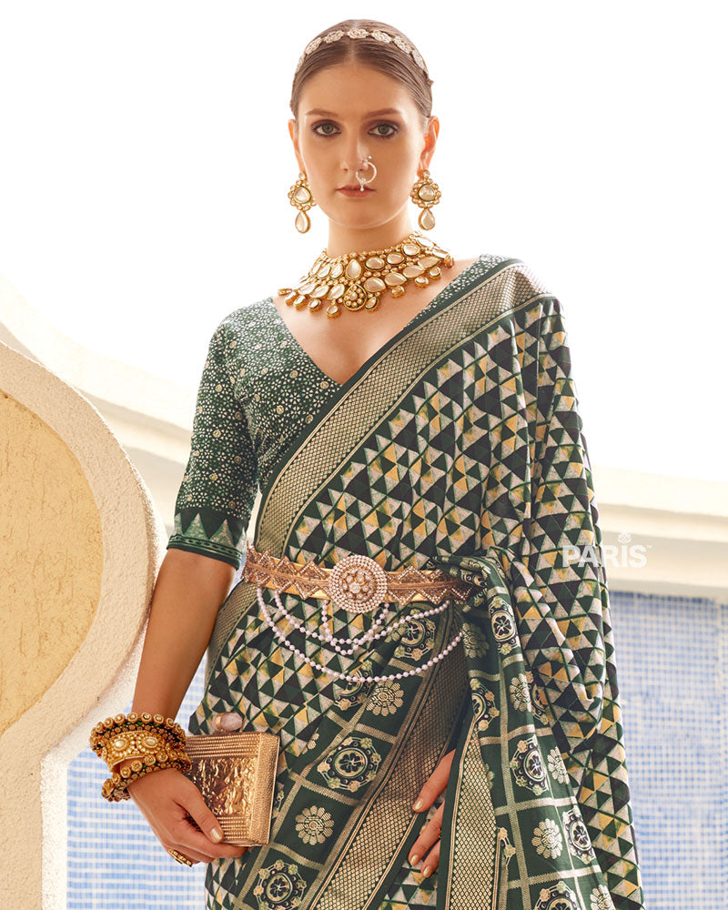 Green & Cream Geometric Printed Embellished Zari Border Silk Saree with Unstitched Blouse