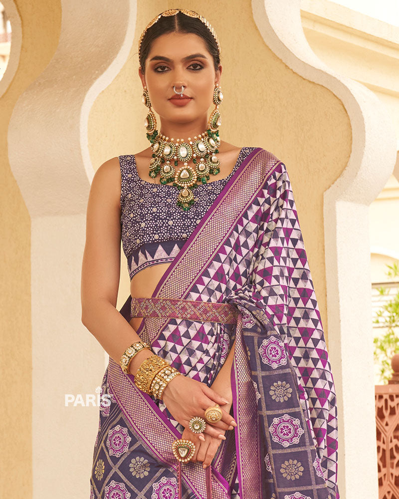 Purple & White Geometric Printed Embellished Zari Border Silk Saree with Unstitched Blouse