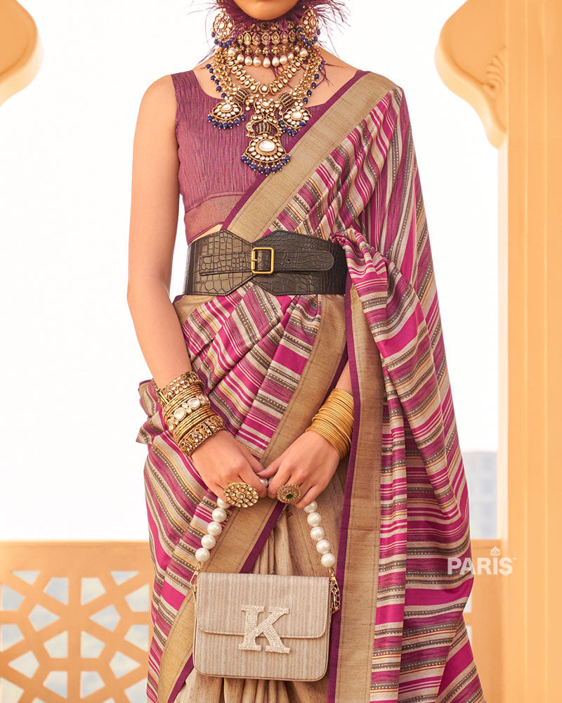 Pink & Beige Silk Saree with Zari Detailing