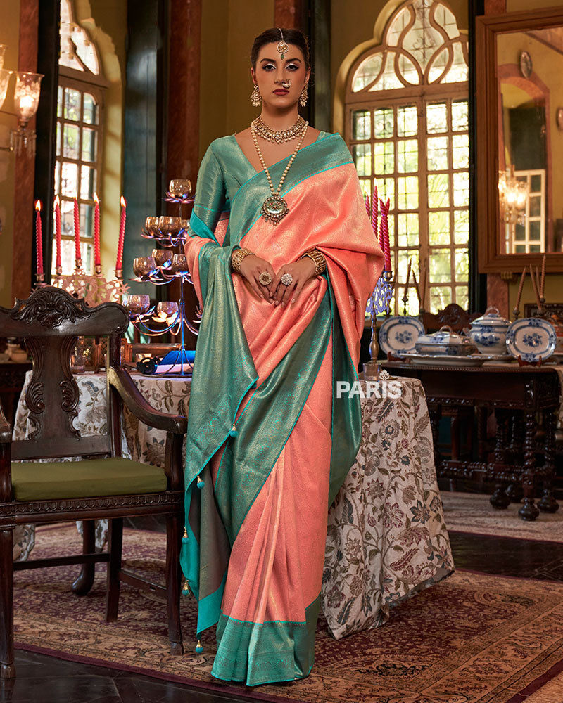 Orange and Turquoise Paisley Woven Border Kanjeevaram Silk Saree with Unstitched Blouse