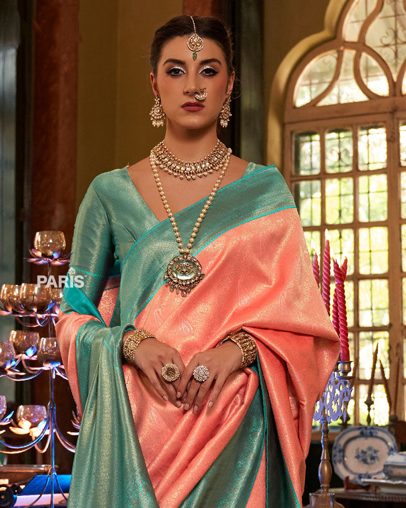Orange and Turquoise Paisley Woven Border Kanjeevaram Silk Saree with Unstitched Blouse