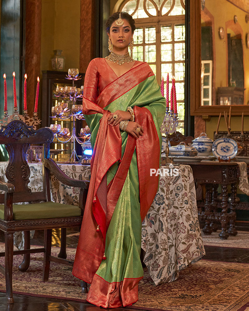 Green and Red Paisley Woven Border Kanjeevaram Silk Saree with Unstitched Blouse