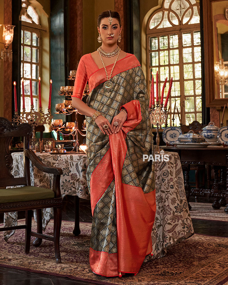Grey and Orange Paisley Woven Border Kanjeevaram Silk Saree with Unstitched Blouse