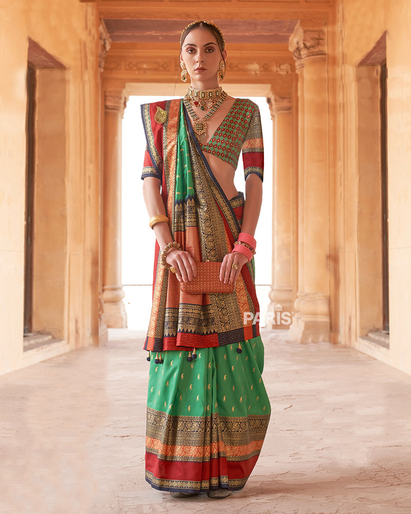 Green and Multicolor Printed Patola Silk Saree with Unstitched Blouse