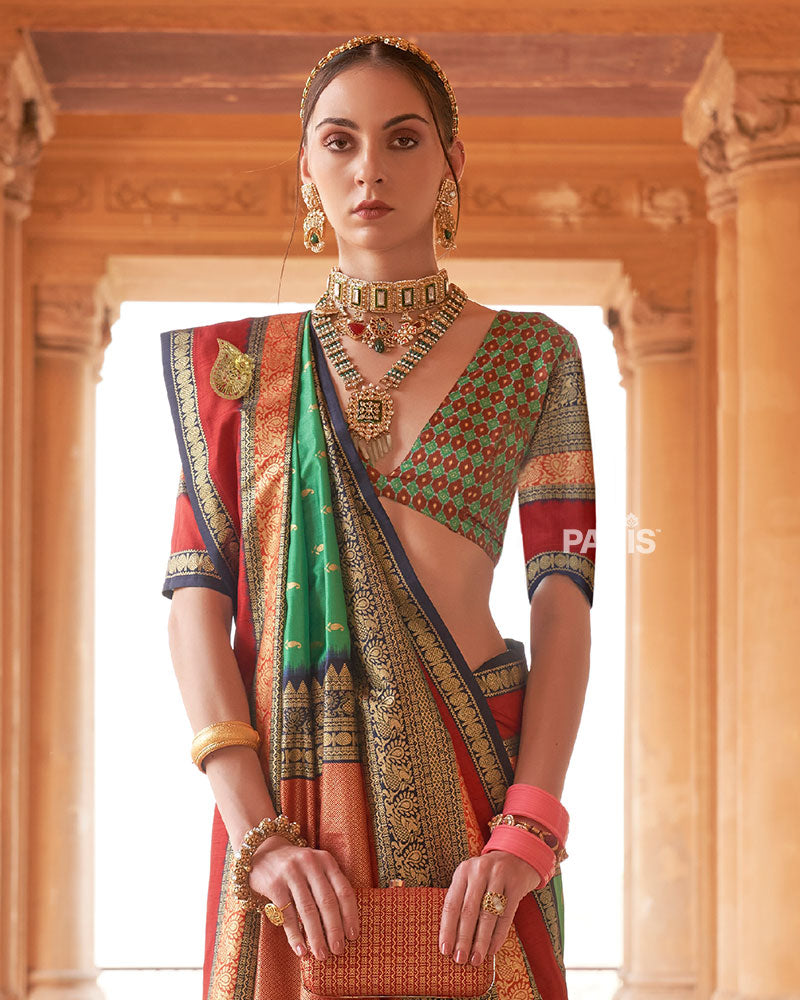 Green and Multicolor Printed Patola Silk Saree with Unstitched Blouse