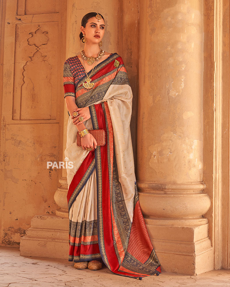 Off White and Multicolor Printed Patola Silk Saree with Unstitched Blouse