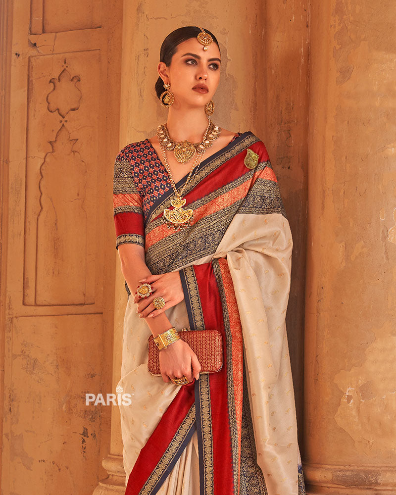 Off White and Multicolor Printed Patola Silk Saree with Unstitched Blouse