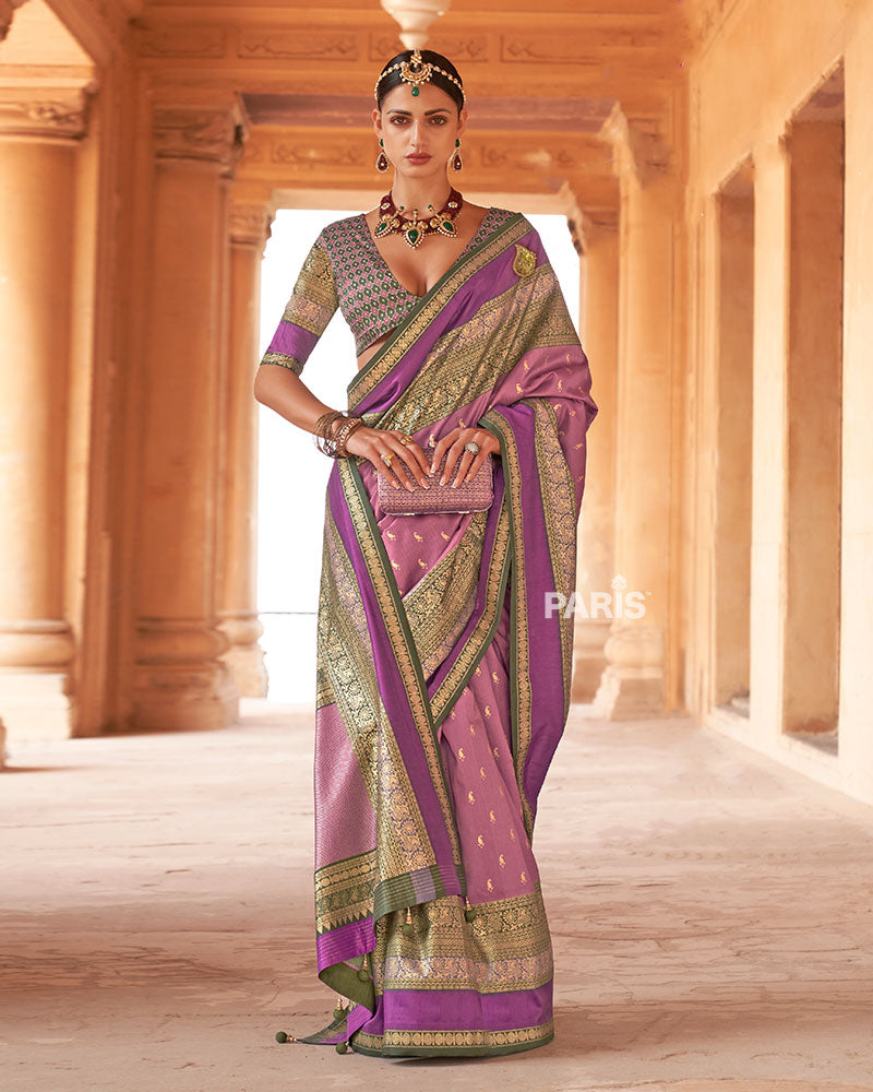 Purple and Multicolor Printed Patola Silk Saree with Unstitched Blouse