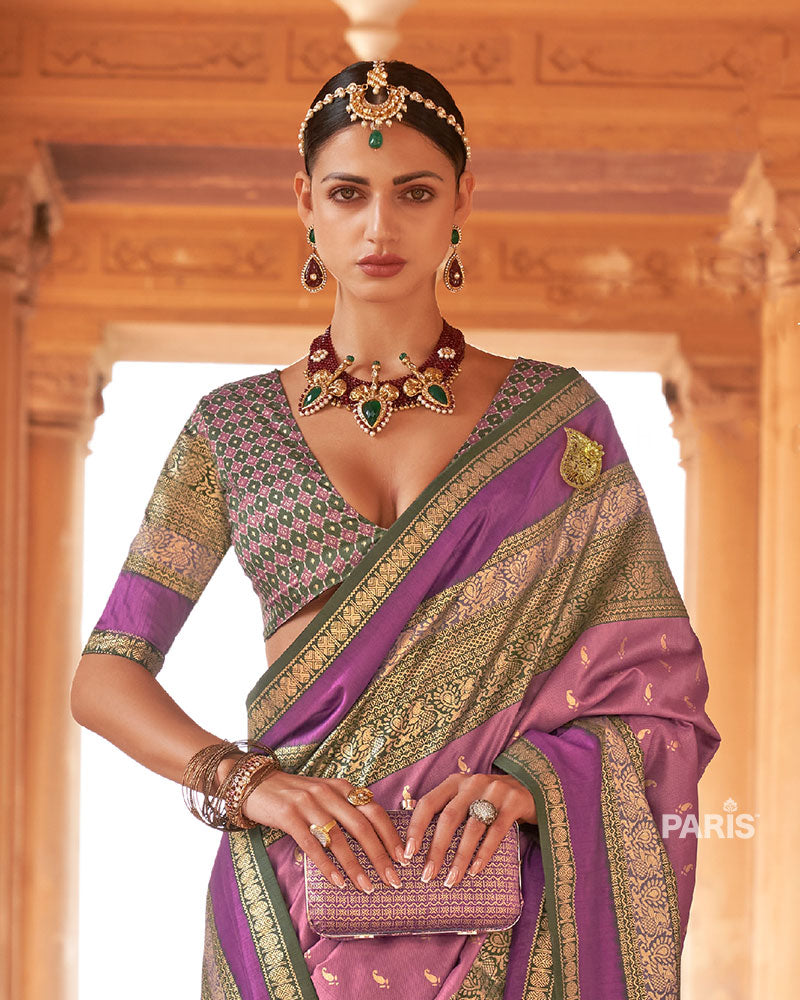 Purple and Multicolor Printed Patola Silk Saree with Unstitched Blouse