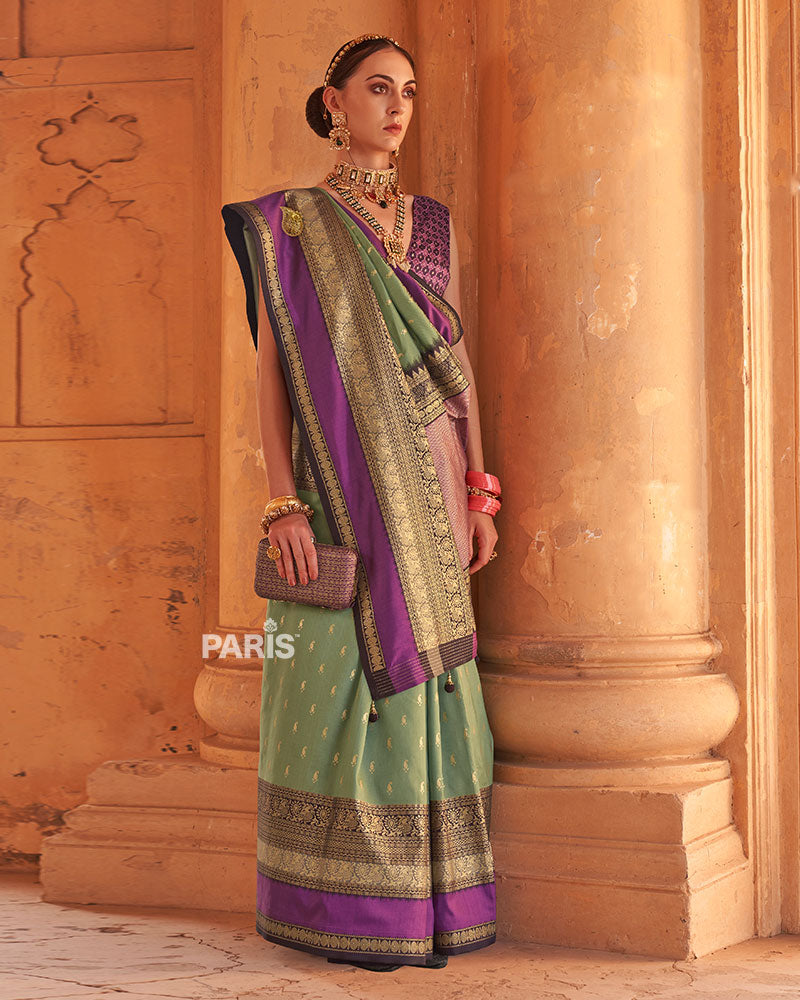 Sage Green and Purple Printed Patola Silk Saree with Unstitched Blouse