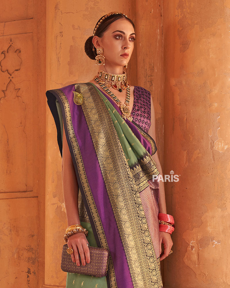 Sage Green and Purple Printed Patola Silk Saree with Unstitched Blouse