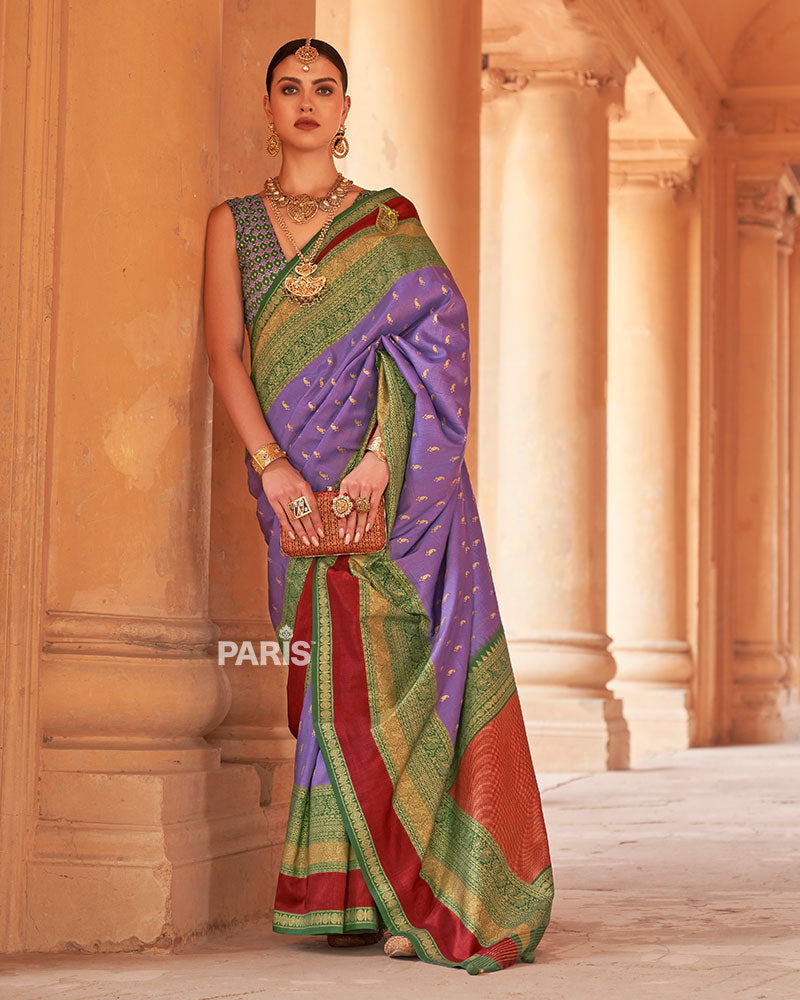 Muted Lavender and Green Border Printed Patola Silk Saree with Unstitched Blouse