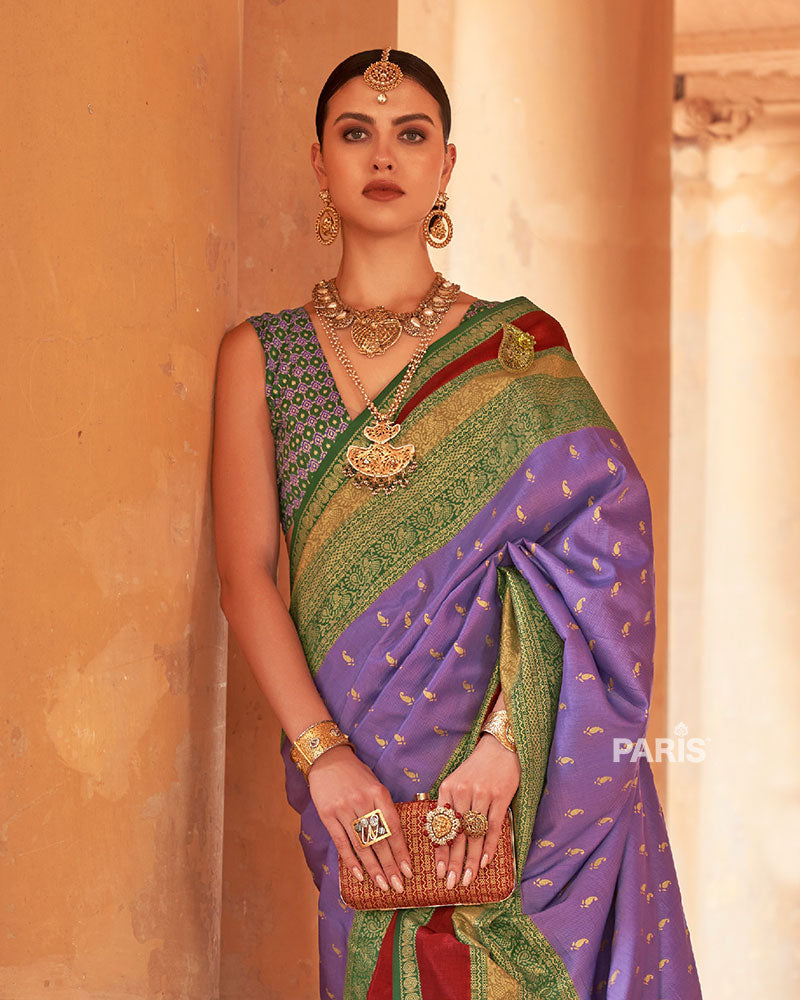 Muted Lavender and Green Border Printed Patola Silk Saree with Unstitched Blouse