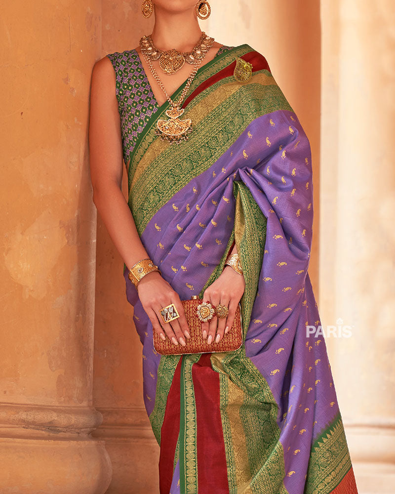 Muted Lavender and Green Border Printed Patola Silk Saree with Unstitched Blouse