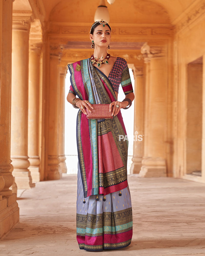 Deep Blue and Pink Border Printed Patola Silk Saree with Unstitched Blouse