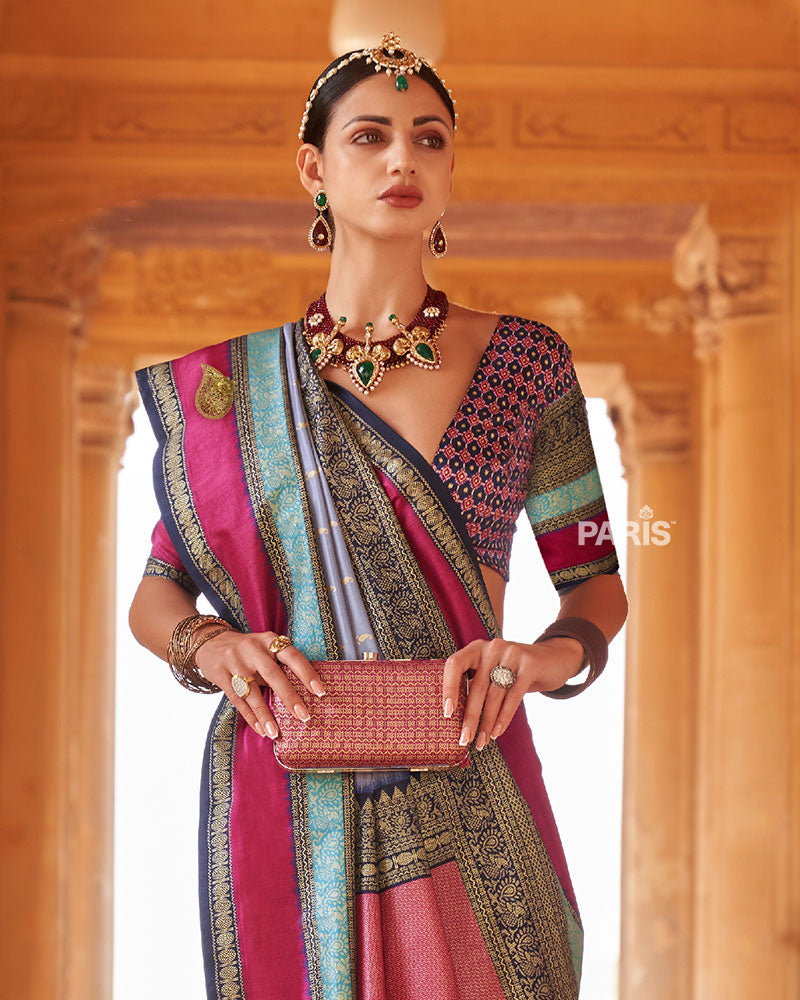 Deep Blue and Pink Border Printed Patola Silk Saree with Unstitched Blouse