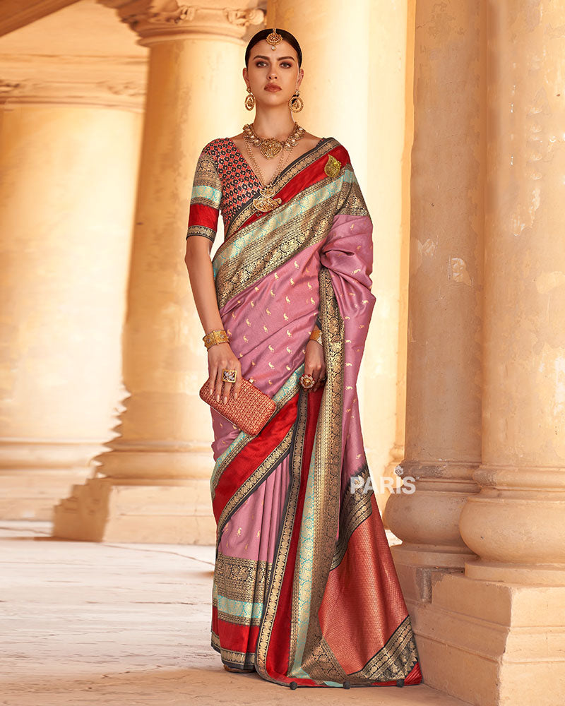 Dusty Rose with Deep Red and Mint Green Borders Printed Patola Silk Saree with Unstitched Blouse