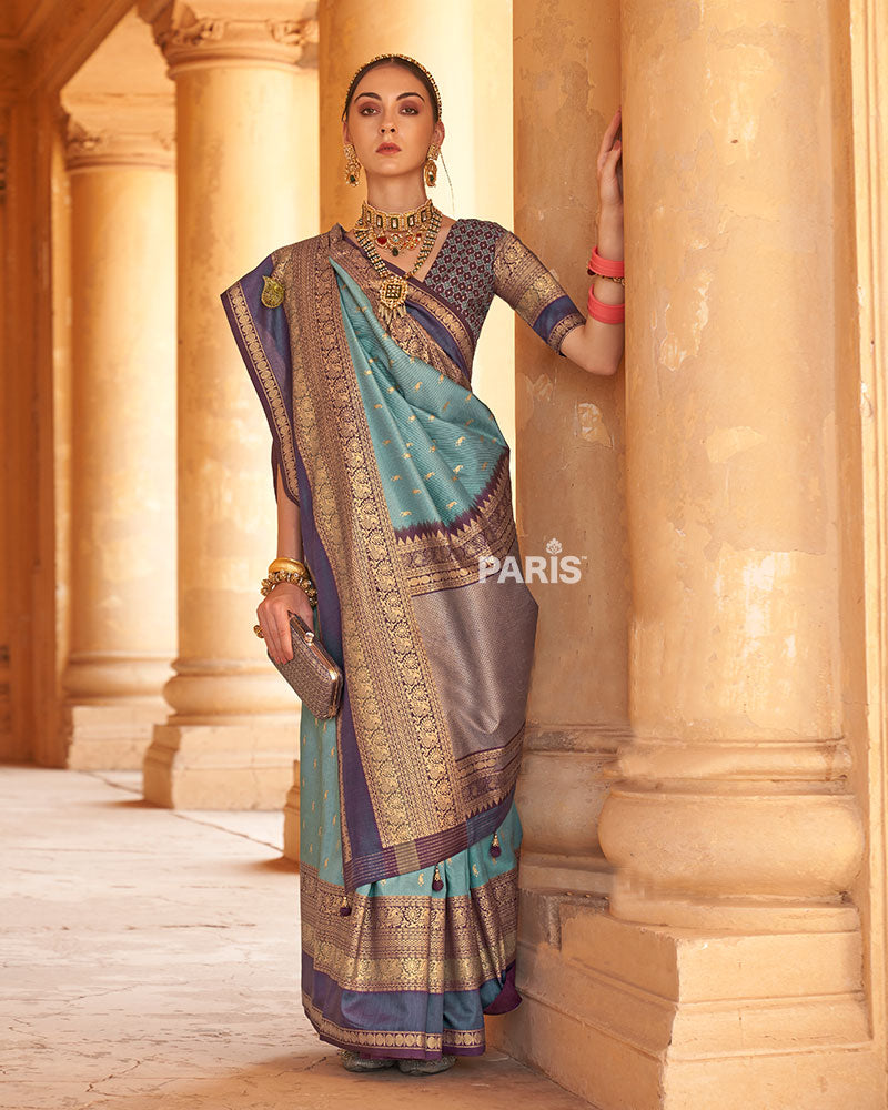 Regal Blue and Purple Borders Printed Patola Silk Saree with Unstitched Blouse