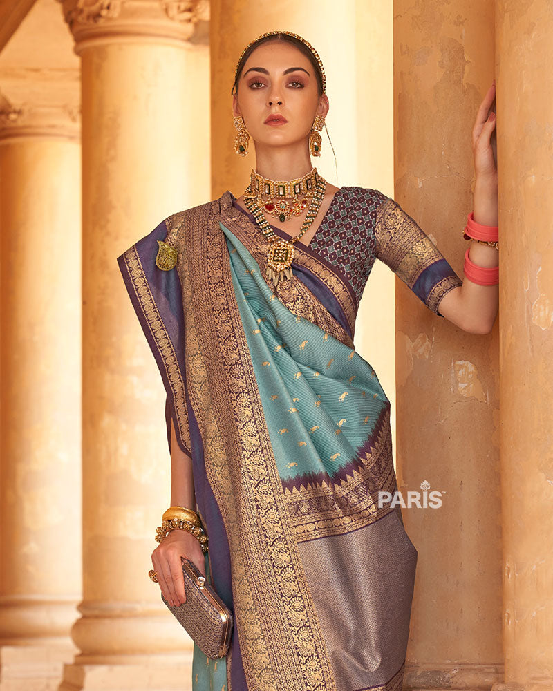 Regal Blue and Purple Borders Printed Patola Silk Saree with Unstitched Blouse