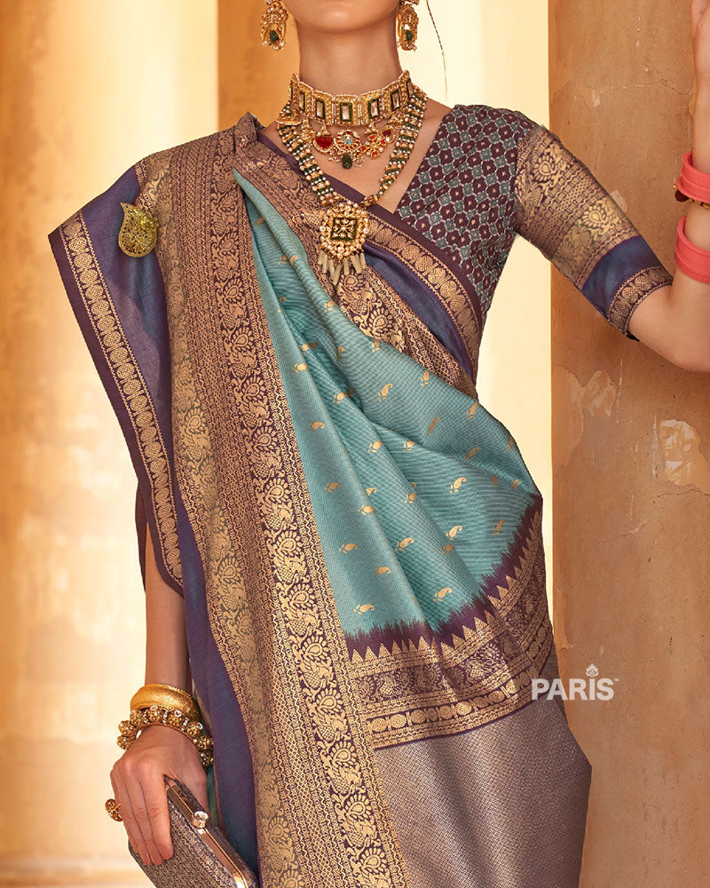 Regal Blue and Purple Borders Printed Patola Silk Saree with Unstitched Blouse