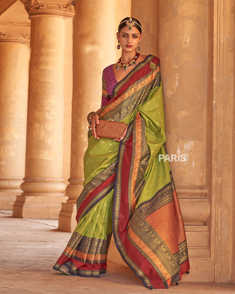 Lime Green and Maroon Dual-Tone Borders Printed Patola Silk Saree with Unstitched Blouse