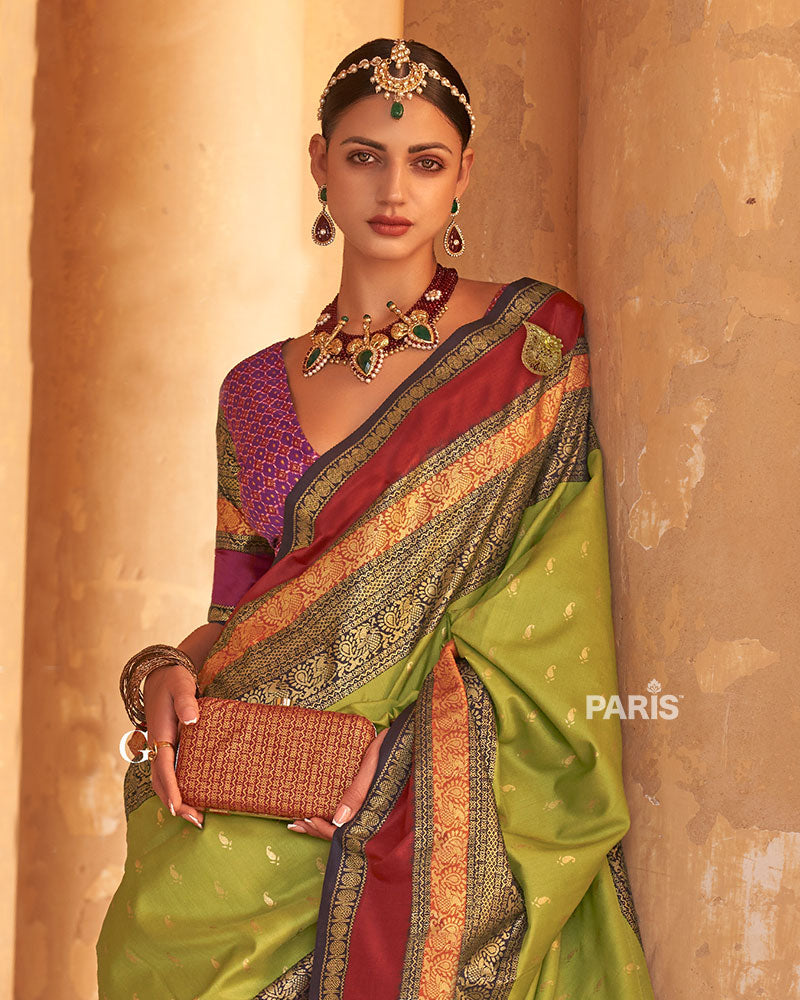 Lime Green and Maroon Dual-Tone Borders Printed Patola Silk Saree with Unstitched Blouse