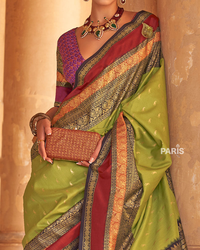 Lime Green and Maroon Dual-Tone Borders Printed Patola Silk Saree with Unstitched Blouse