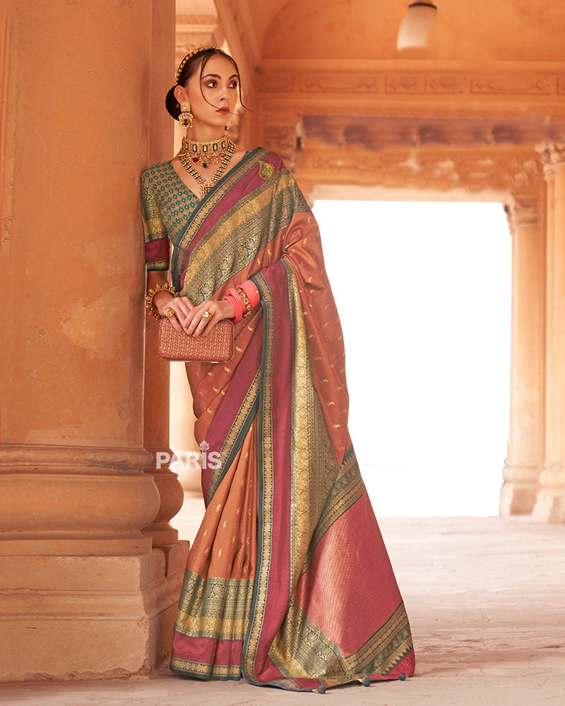 Rust Orange and Teal Dual-Tone Borders Printed Patola Silk Saree with Unstitched Blouse