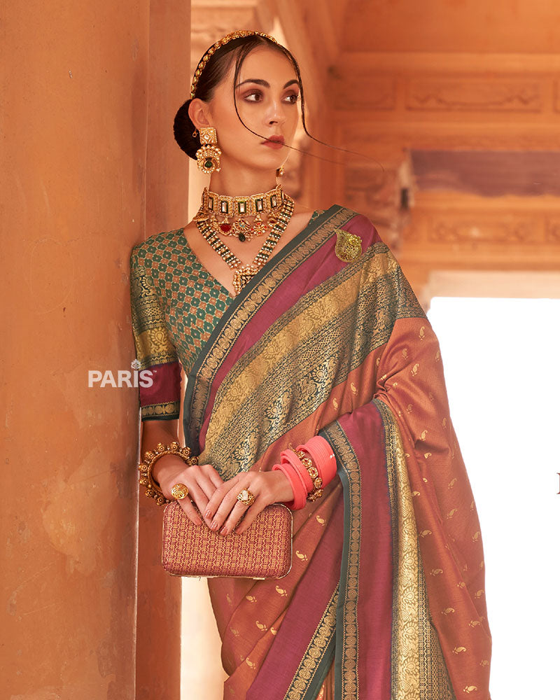 Rust Orange and Teal Dual-Tone Borders Printed Patola Silk Saree with Unstitched Blouse