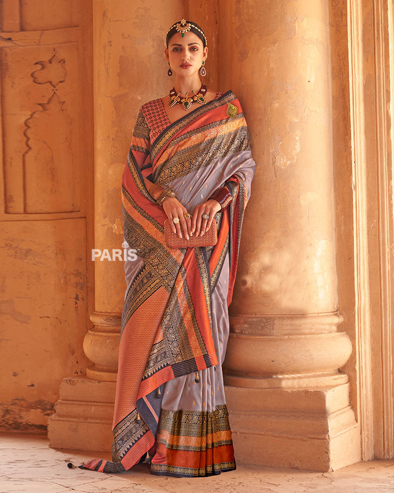 Lavender Grey and Rust Dual-Tone Borders Printed Patola Silk Saree with Unstitched Blouse