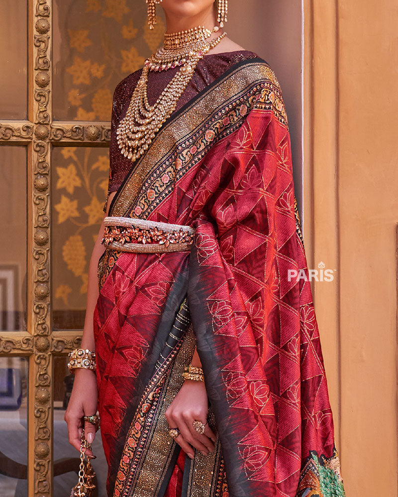 Red & Black Border Printed Silk Saree with Belt