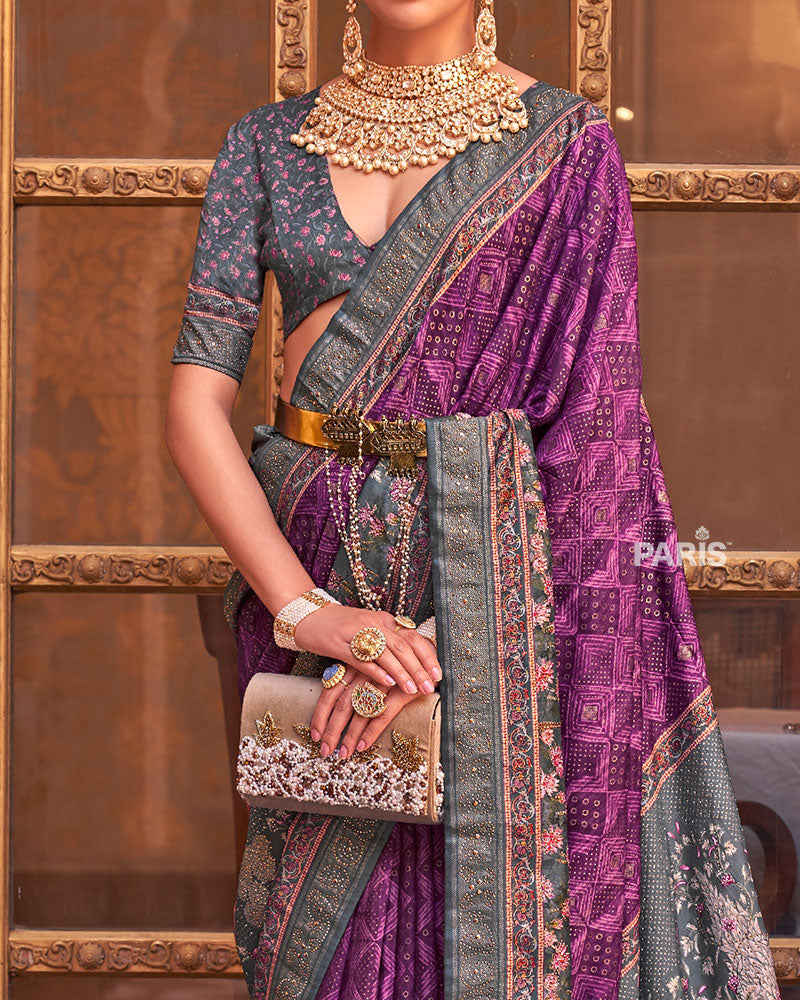 Purple & Grey Border Printed Silk Saree with Belt
