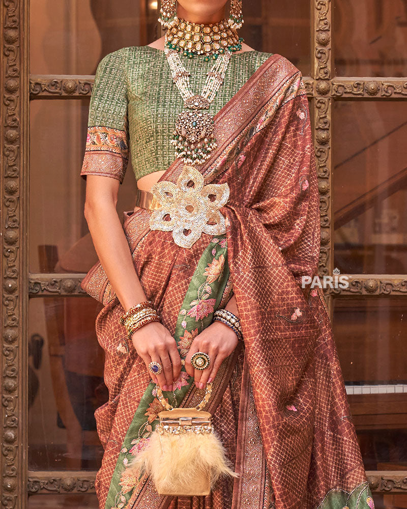 Terracotta & Olive Green Printed Silk Saree with Belt