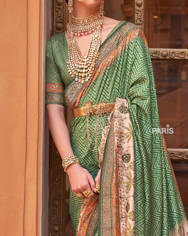 Green Digital Print Embellished Saree with Unstitched Blouse and Belt