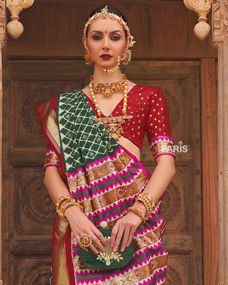 Green Zari Woven Patola Silk Saree with Unstitched Blouse