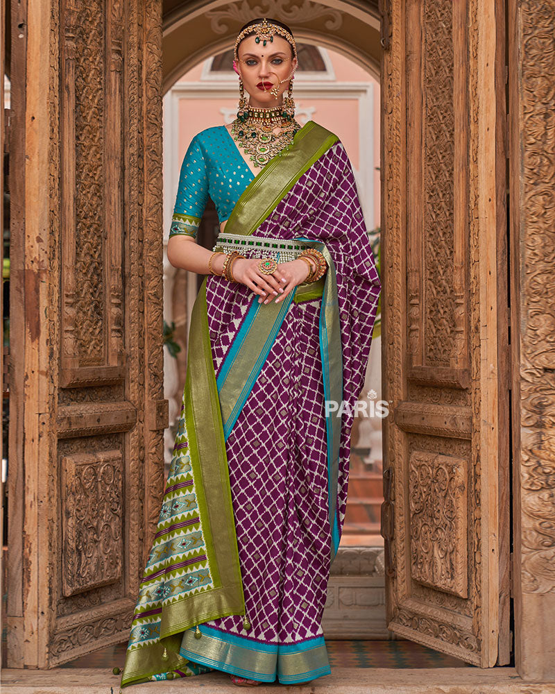 Purple Zari Woven Patola Silk Saree with Unstitched Blouse