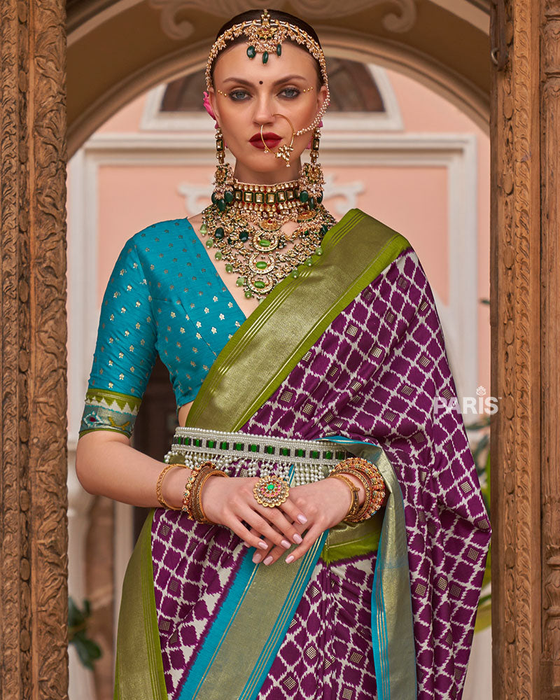Purple Zari Woven Patola Silk Saree with Unstitched Blouse