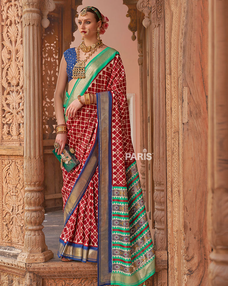 Red Zari Woven Patola Silk Saree with Unstitched Blouse