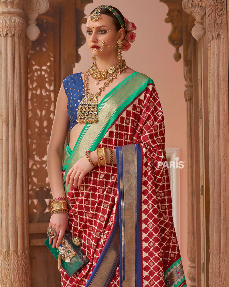 Red Zari Woven Patola Silk Saree with Unstitched Blouse