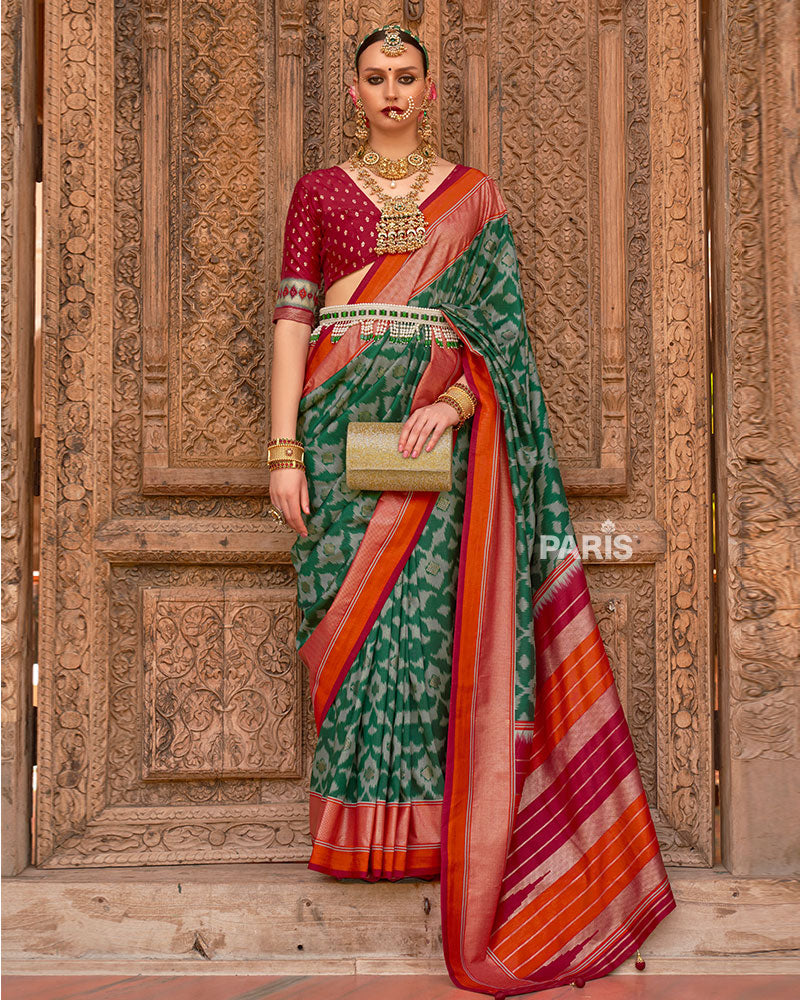 Green Patola Silk Saree with Foil Print & Red-Orange Border