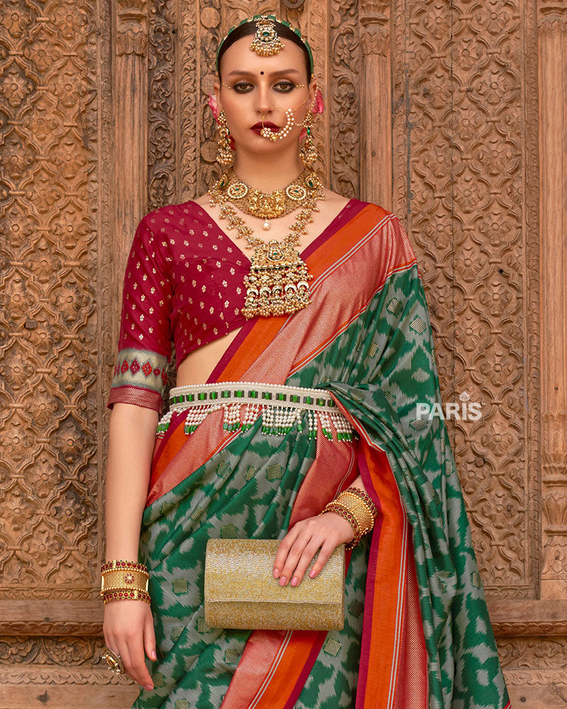 Green Patola Silk Saree with Foil Print & Red-Orange Border