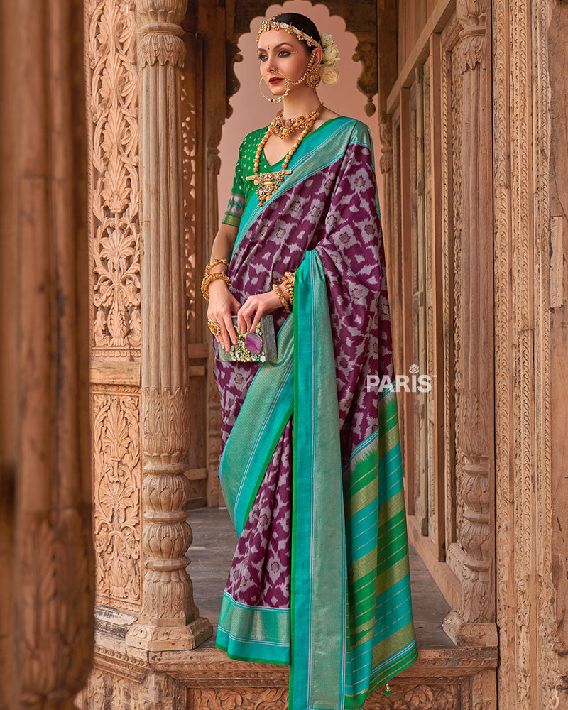 Purple Patola Silk Saree with Foil Print & Teal Green Border